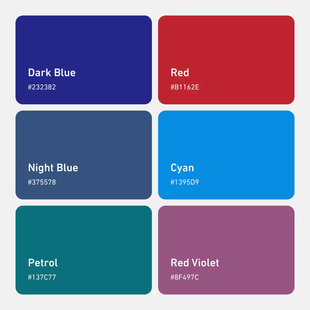 Farbpalette mit sechs Farben mit Namen und Hex-Codes.