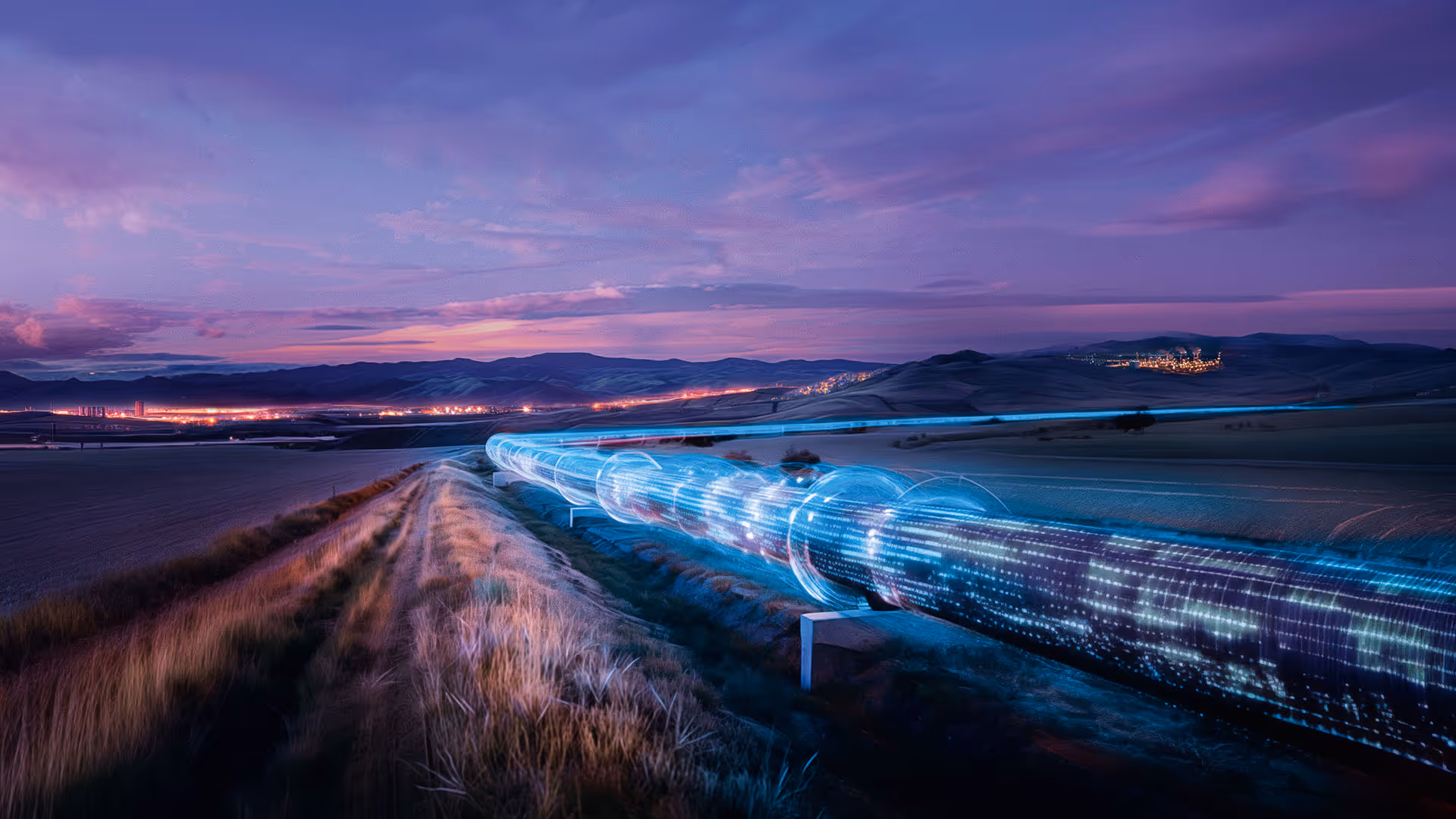 Digitale Visualisierung einer futuristischen leuchtenden Pipeline, die in der Abenddämmerung durch eine ländliche Landschaft mit fernen Lichtern und Hügeln der Stadt verläuft.