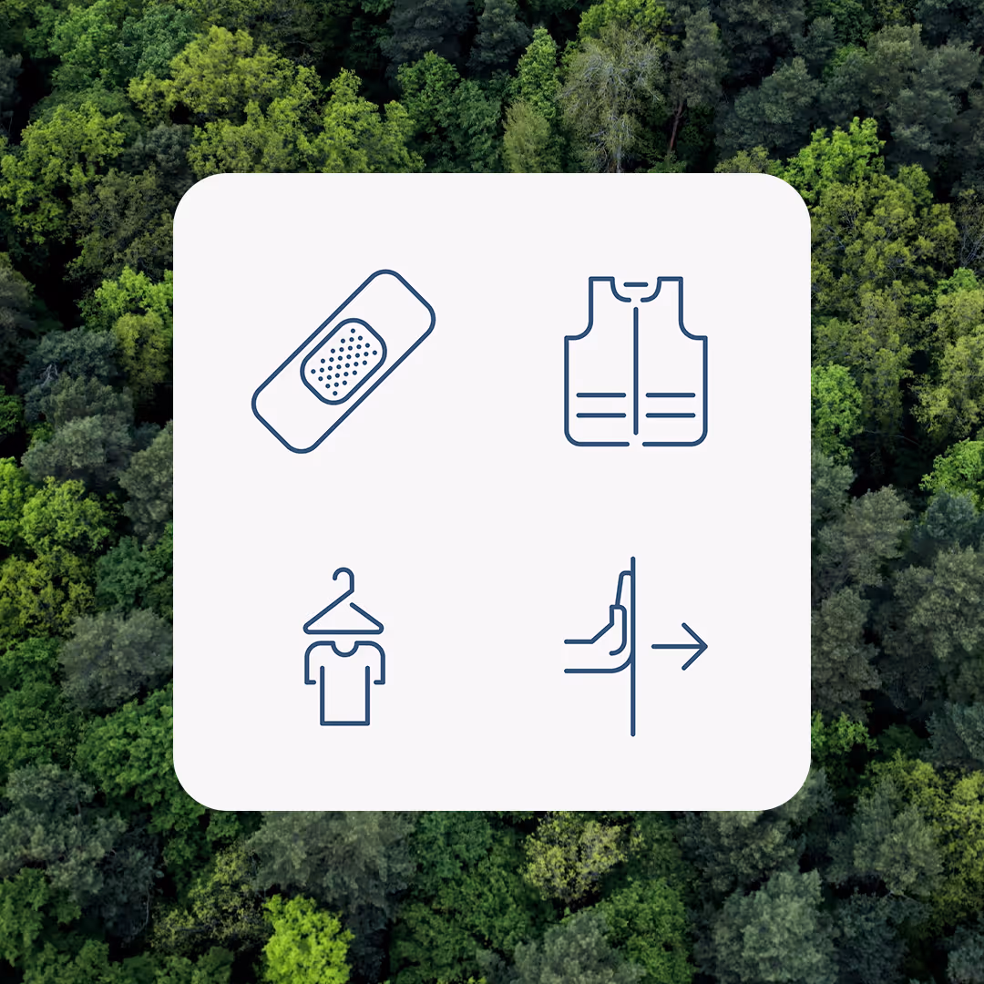 Vier blaue Icons auf einem weißen, abgerundeten Quadrat: ein Verband, eine Weste, ein Hemd auf einem Kleiderbügel und eine Hand, die einen Knopf mit einem Pfeil drückt.