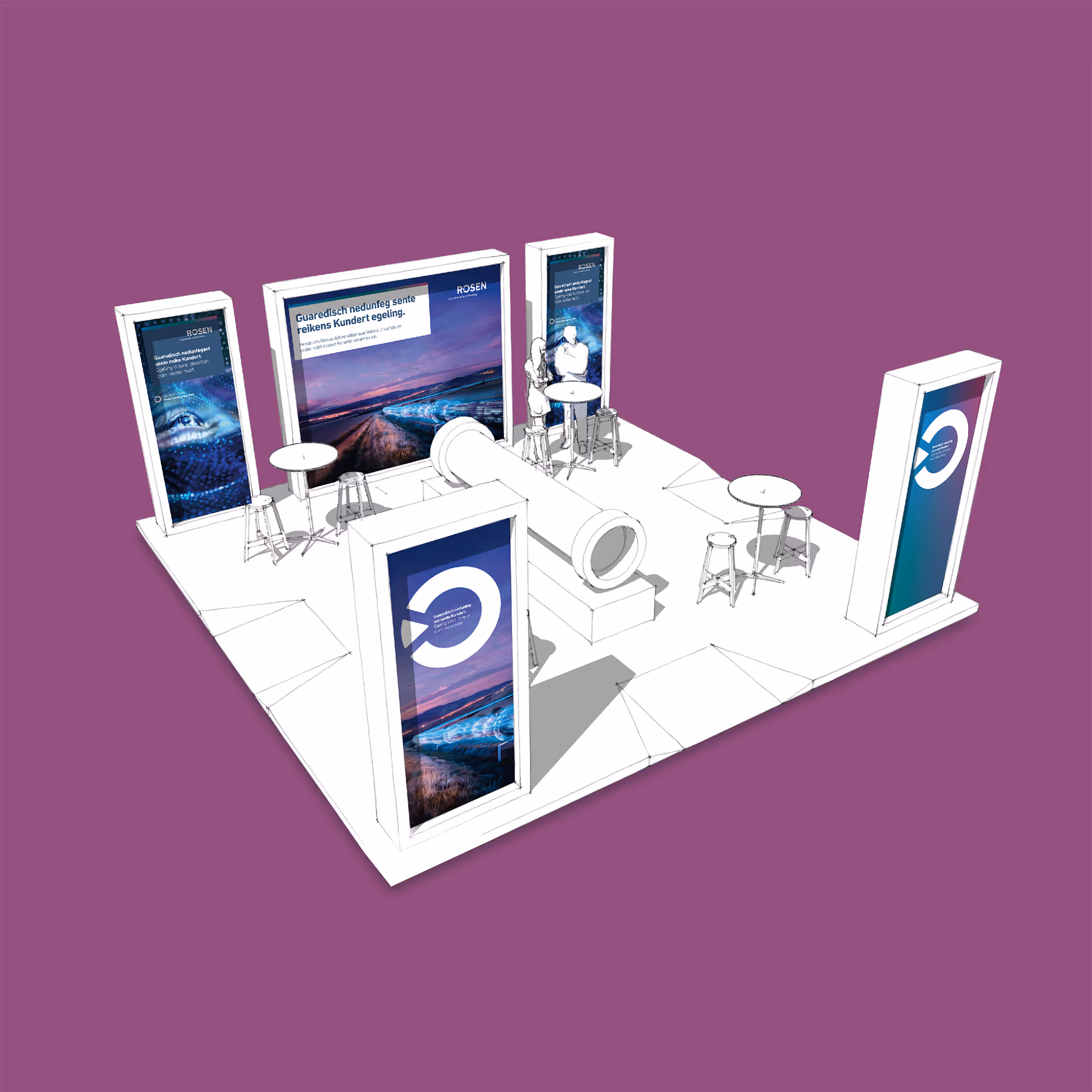 3D-Darstellung eines Ausstellungsstandlayouts mit mehreren hohen Anzeigetafeln, runden Tischen mit Hockern und einer großen zentralen röhrenartigen Struktur auf einer weißen Plattform vor violettem Hintergrund.