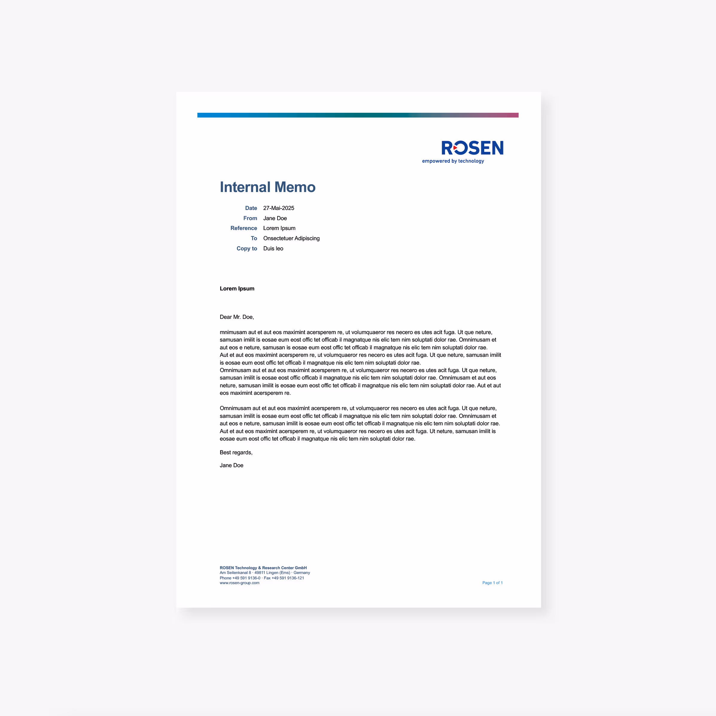 Internes Memo mit Platzhaltertext und ROSEN-Logo oben rechts.