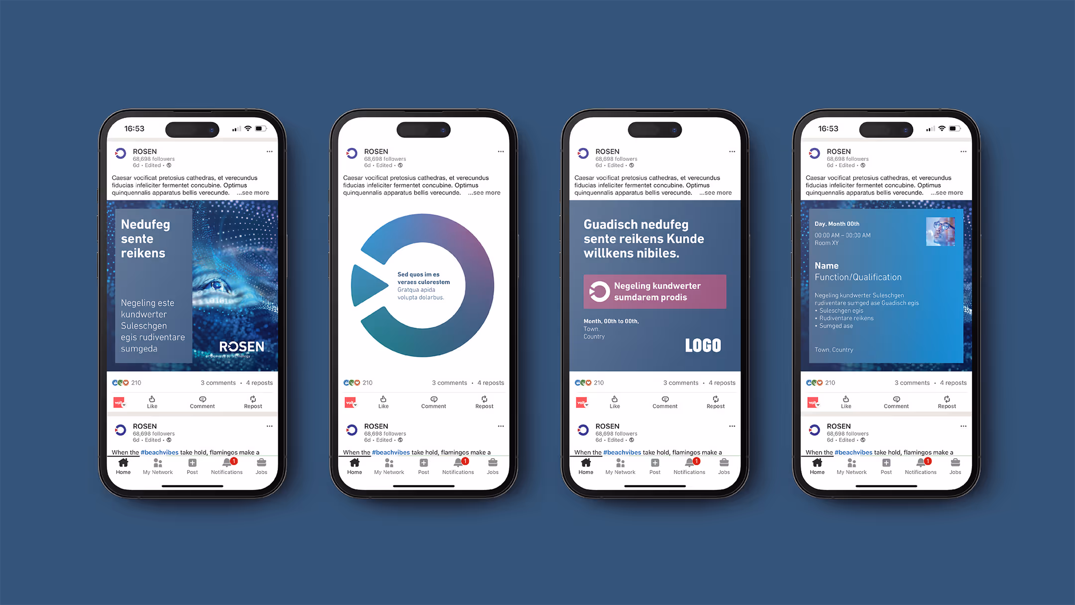 Vier Smartphones, die verschiedene Social-Media-Beiträge mit Diagrammen, Textblöcken und Benutzeroberflächenelementen auf blauem Hintergrund anzeigen.