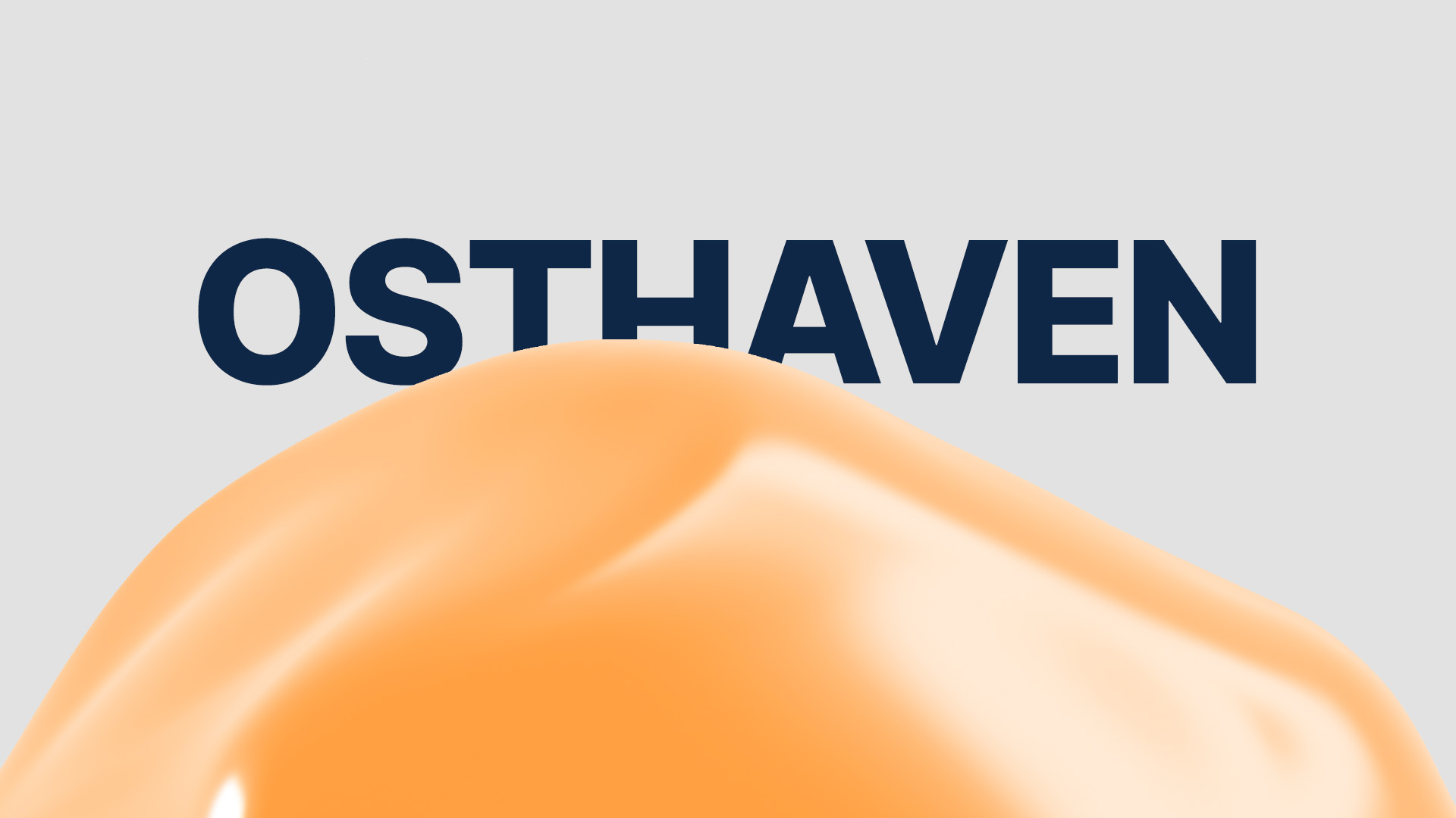 Large navy blue text 'OSTHAVEN' partially obscured by an abstract orange rounded shape on a light gray background.