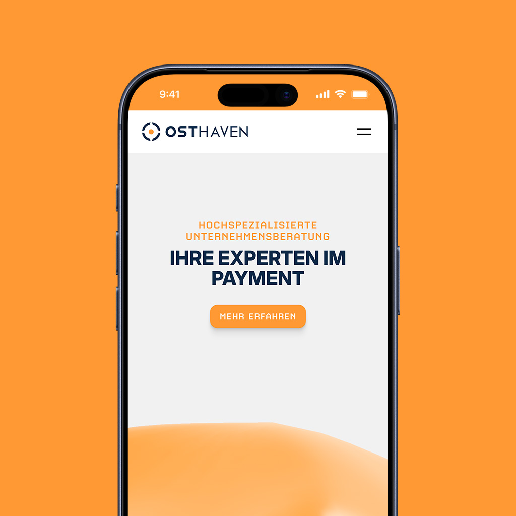 Mobile phone screen showing OSTHaven website with text: Highly specialized business consulting, your experts in payment, and a call-to-action button labeled Learn More.