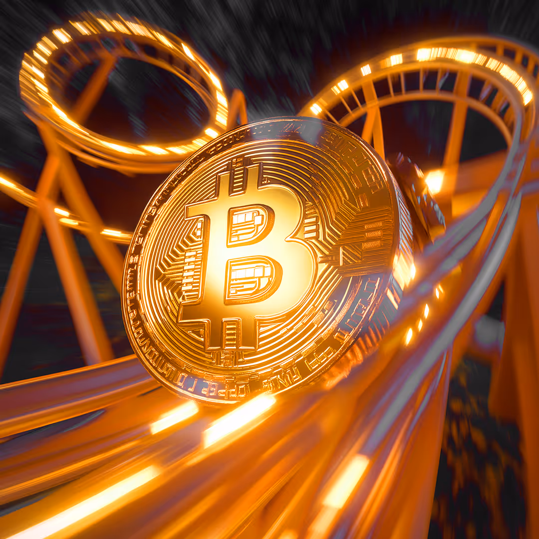 Gold Bitcoin coin riding a glowing orange roller coaster track representing cryptocurrency volatility.