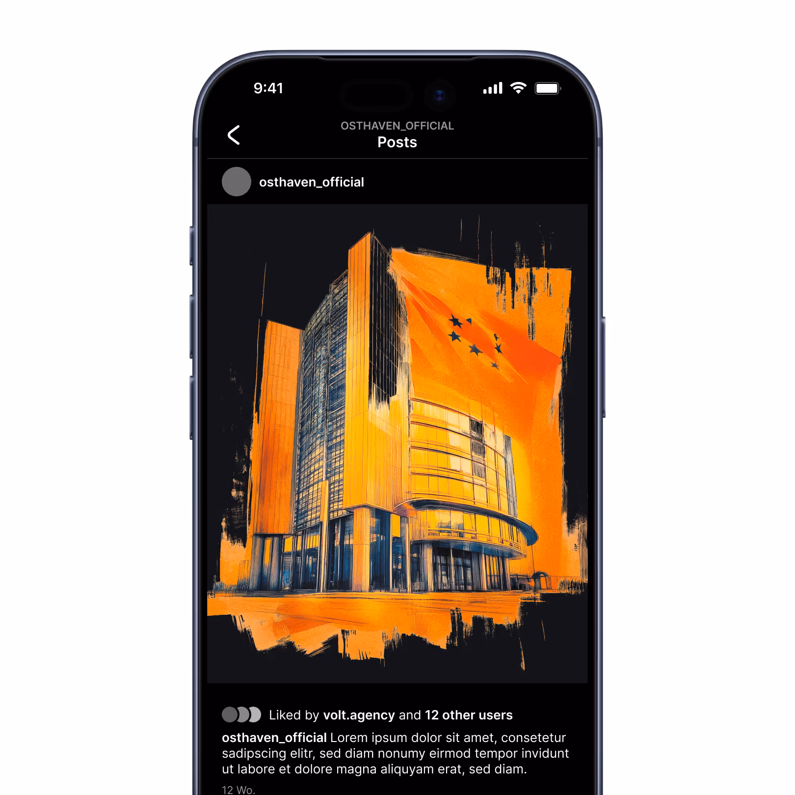 Digital artwork of a modern glass building with orange and black abstract brush strokes and a pattern of five black stars on the top right.