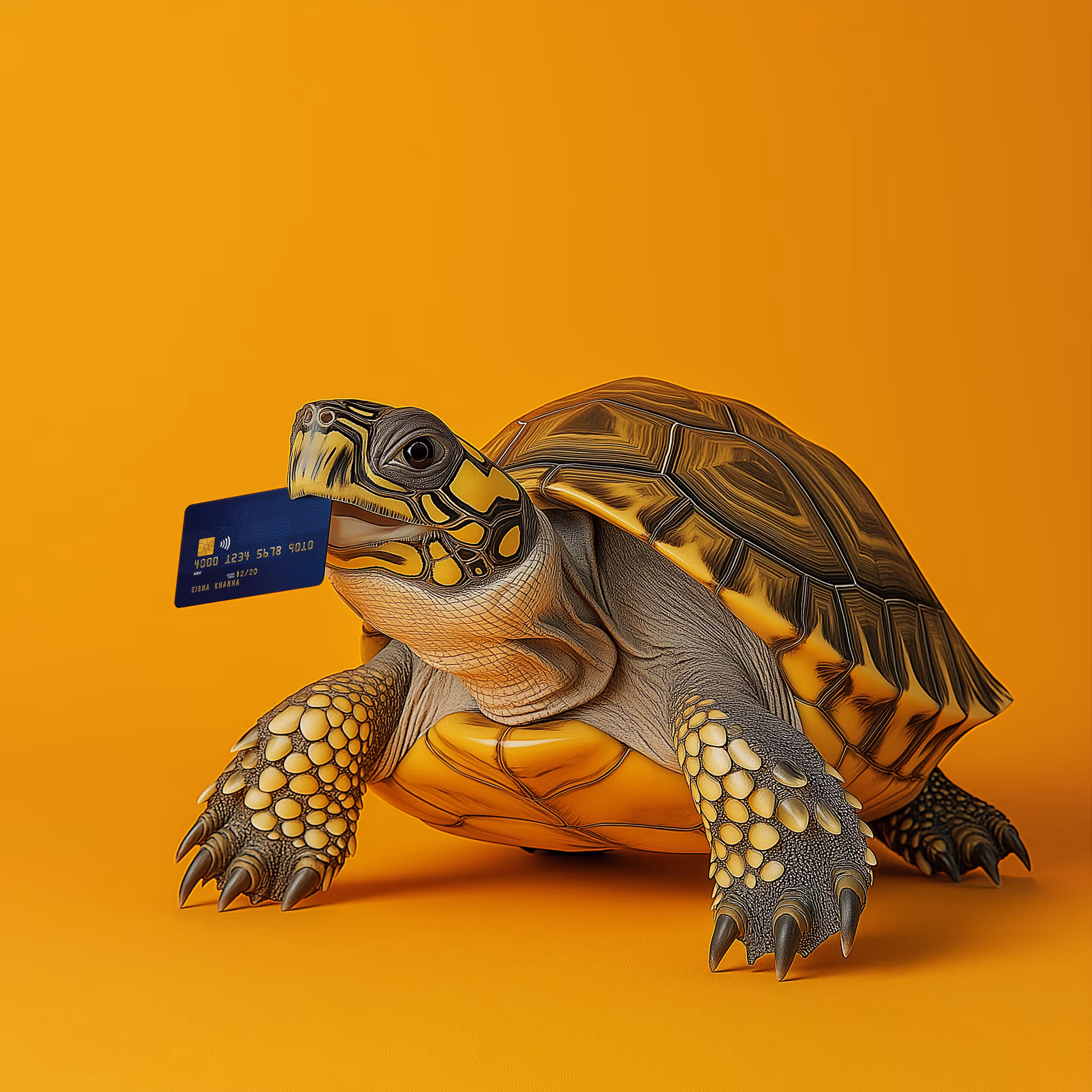 Turtle holding a blue credit card in its mouth against a solid orange background.