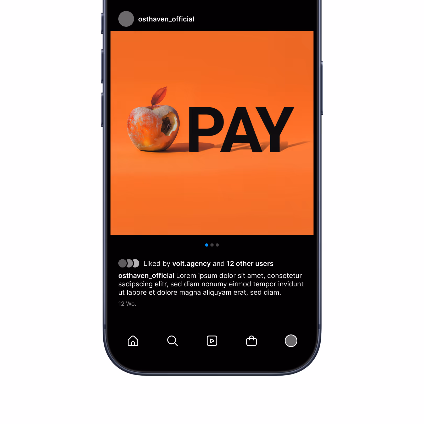 Instagram post showing a bitten and decayed apple next to the word 'PAY' on an orange background.