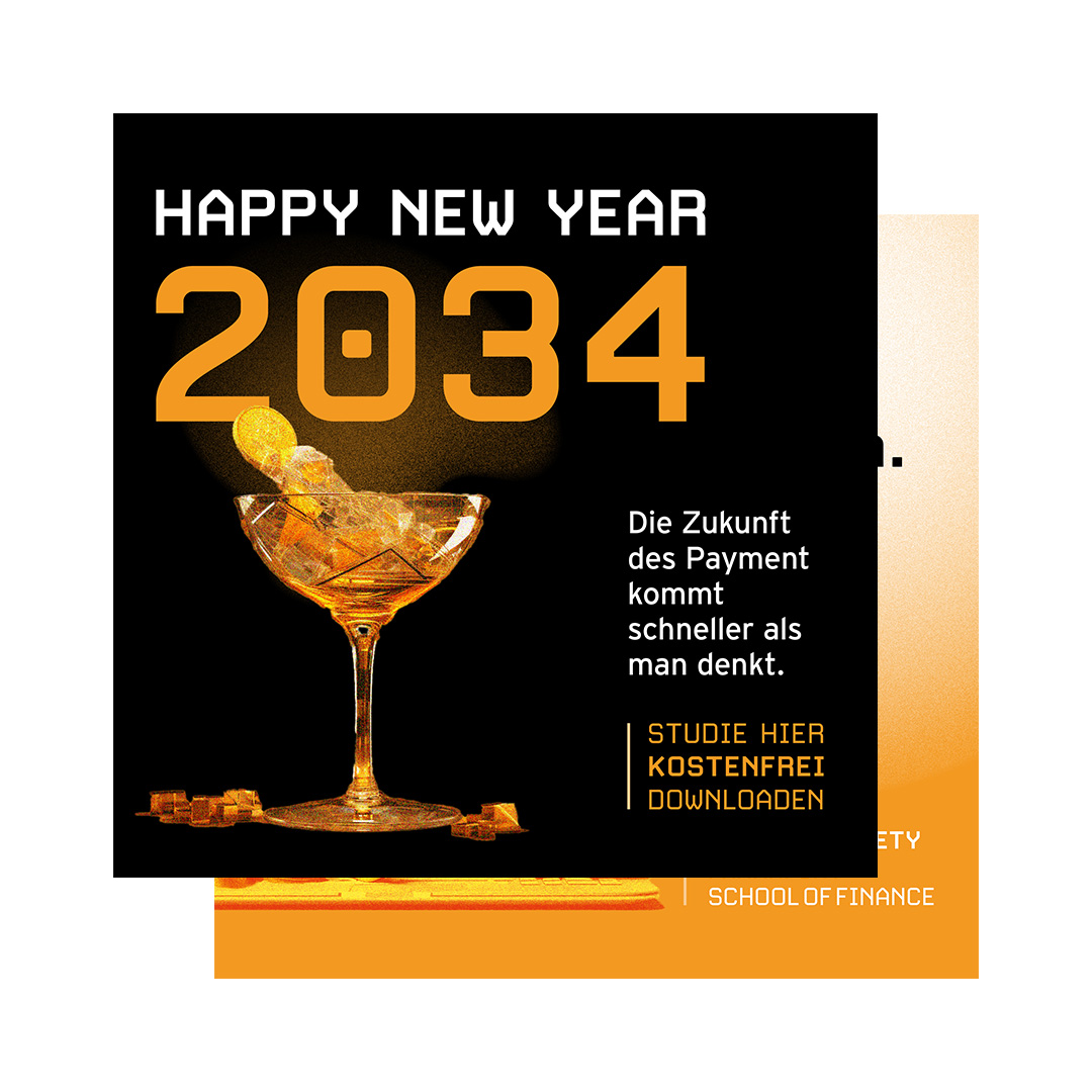 Black and orange graphic wishing Happy New Year 2034 with a cocktail glass filled with ice and a lemon slice, and text about the future of payment services.