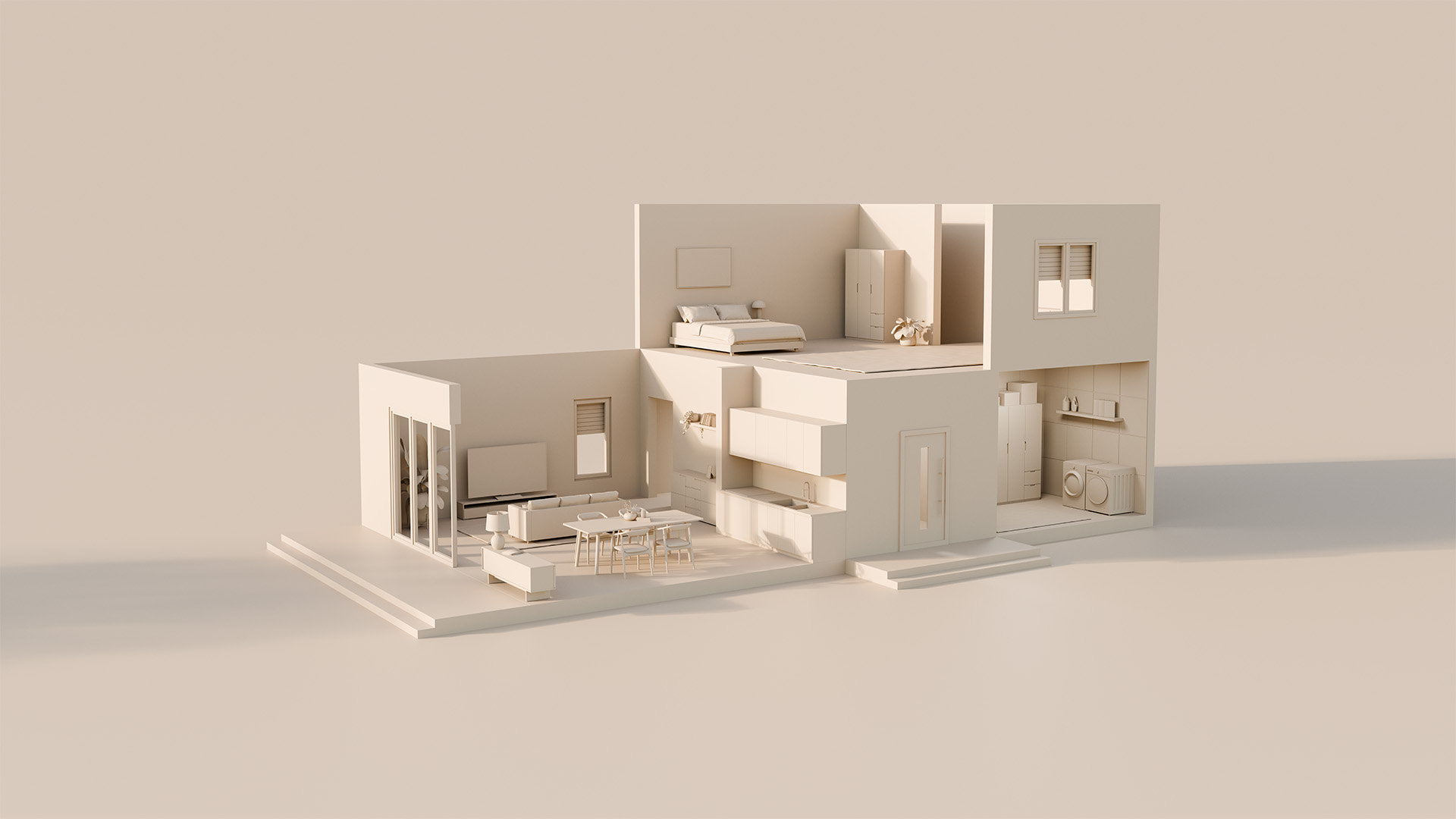 Minimalist 3D model of a modern two-story house with open walls showing a bedroom upstairs, and living room, kitchen, and laundry area downstairs.