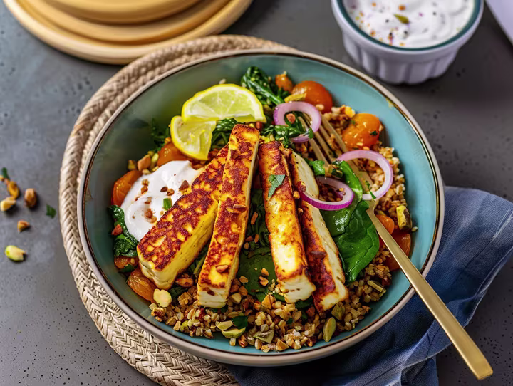 Grillkäse auf Dinkel-Pilaw mit Aprikosen und Spinat