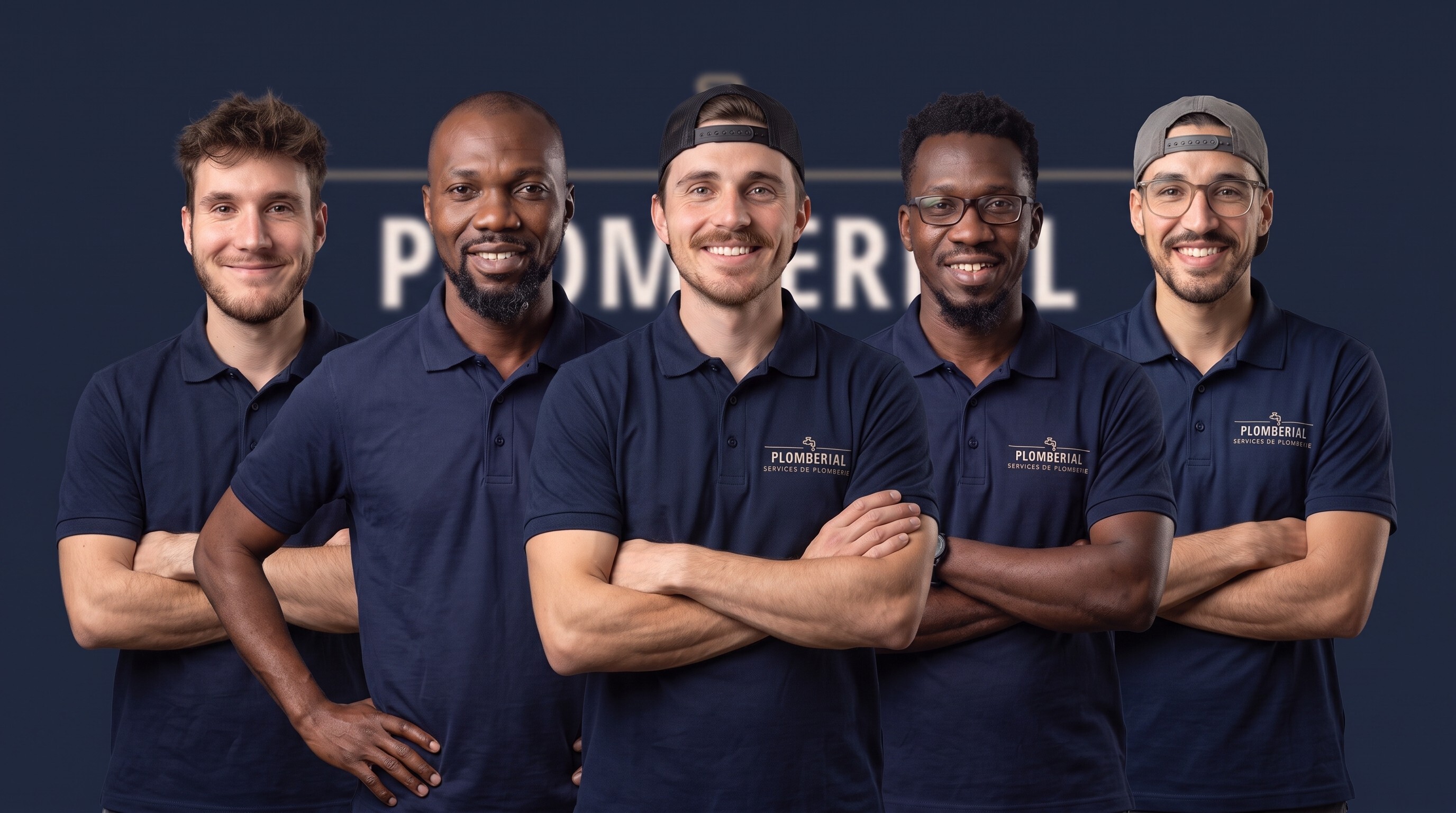 L'équipe de plombiers Plomberial, en polo marine, devant le logo de l'entreprise