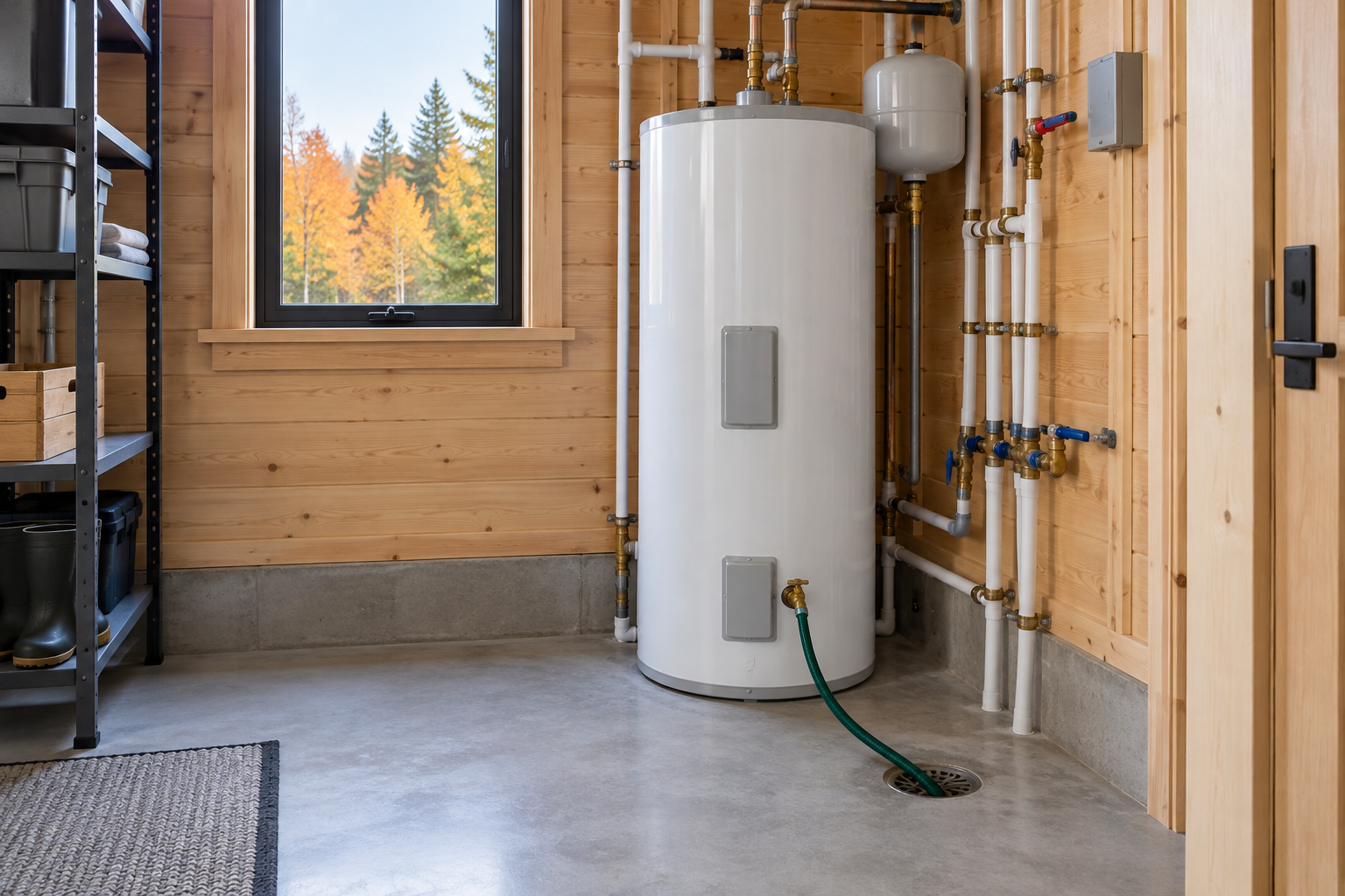 Chauffe-eau électrique dans la salle mécanique d'un chalet, avec un tuyau d'arrosage branché au robinet de purge et dirigé vers le drain de plancher