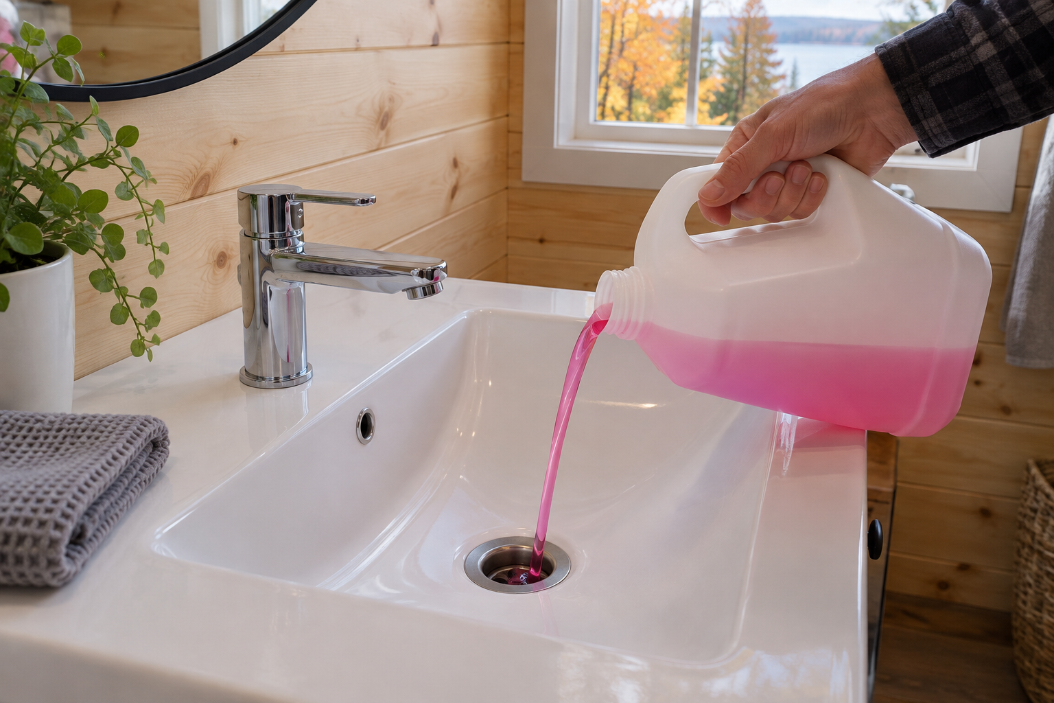 Main versant de l'antigel de plomberie rose dans le drain d'un lavabo sec de chalet, robinet fermé