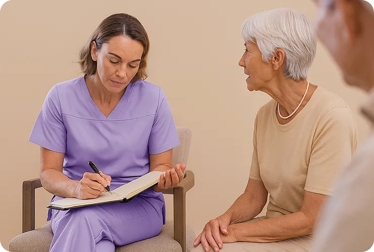 A nurse in purple scrubs writing in a notebook while an elderly woman in a beige top and pearl necklace speaks to her.