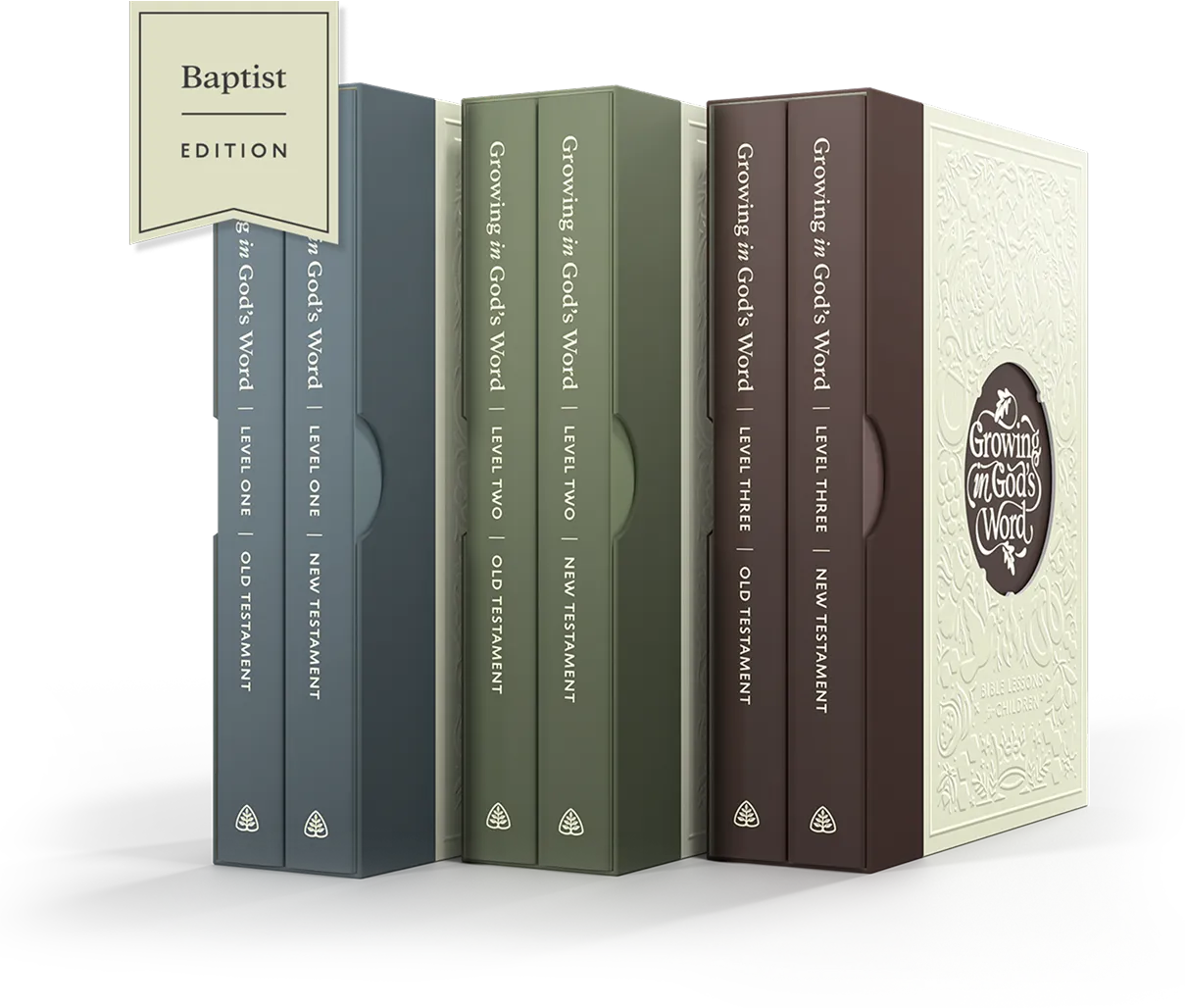 A row of three books sitting on top of each other.