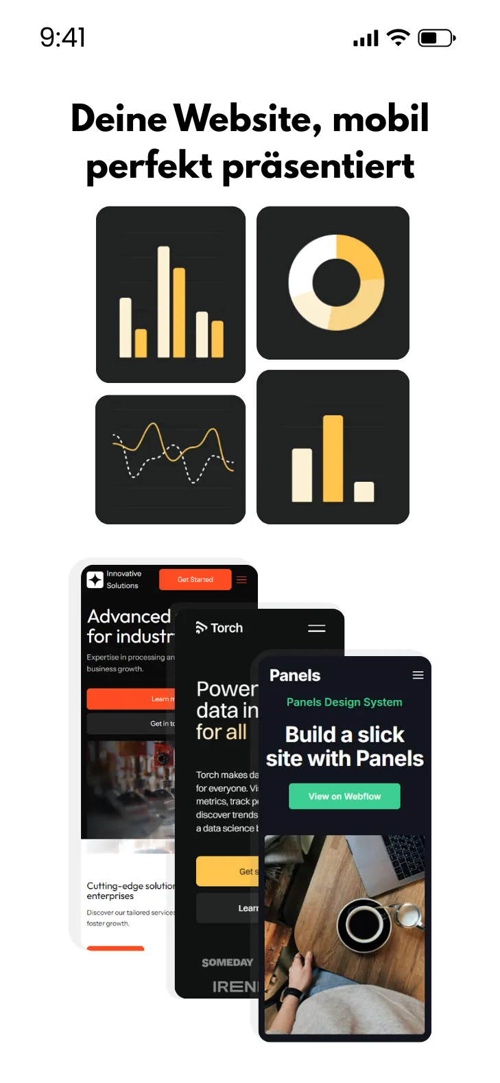 Mobile Darstellung verschiedener professioneller Webseiten auf Smartphones mit grafischen Analyse-Icons und dem Text „Deine Website, mobil perfekt präsentiert“.