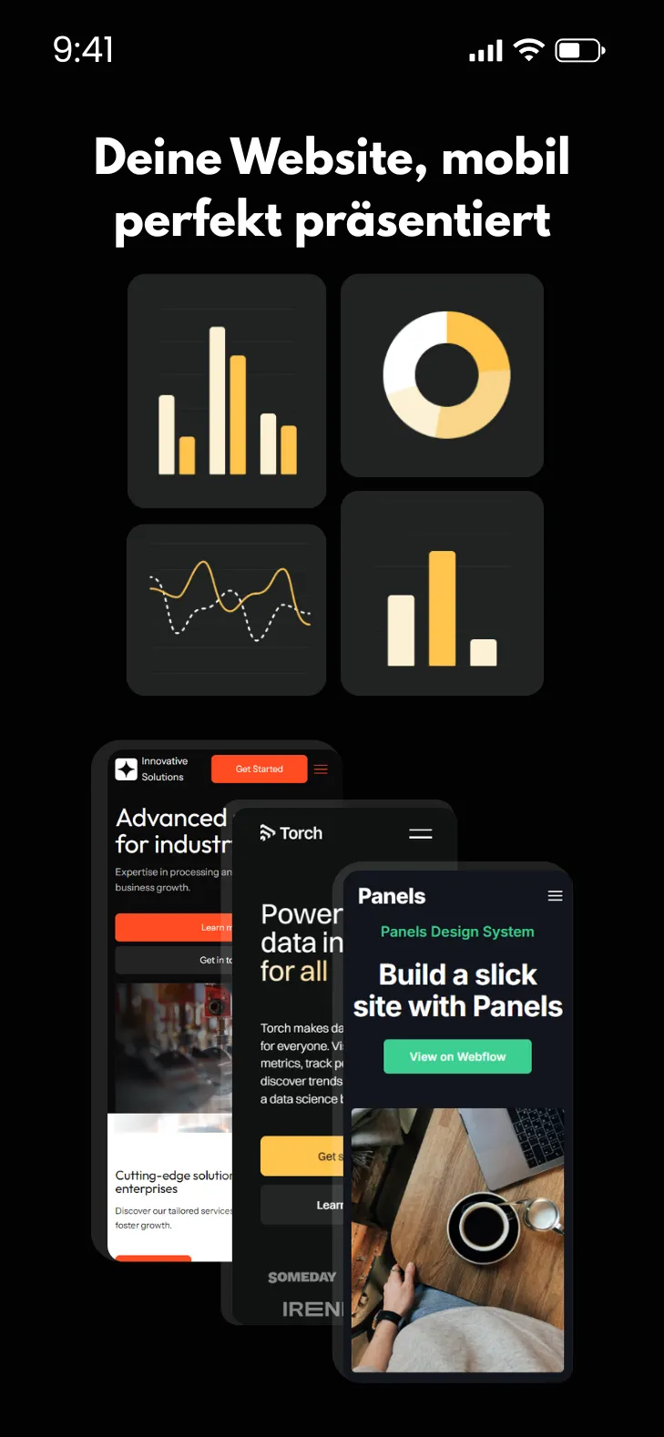 Mobile Darstellung verschiedener professioneller Webseiten auf Smartphones mit grafischen Analyse-Icons und dem Text „Deine Website, mobil perfekt präsentiert“.