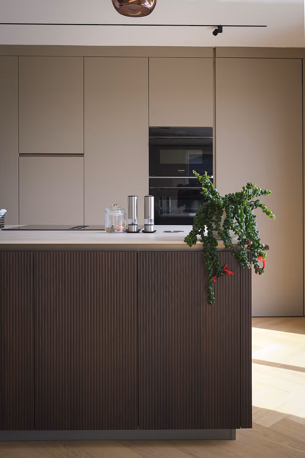 Cuisine moderne avec un îlot en bois foncé à façade rainurée, comptoir beige, appareil encastré noir et plante verte suspendue.