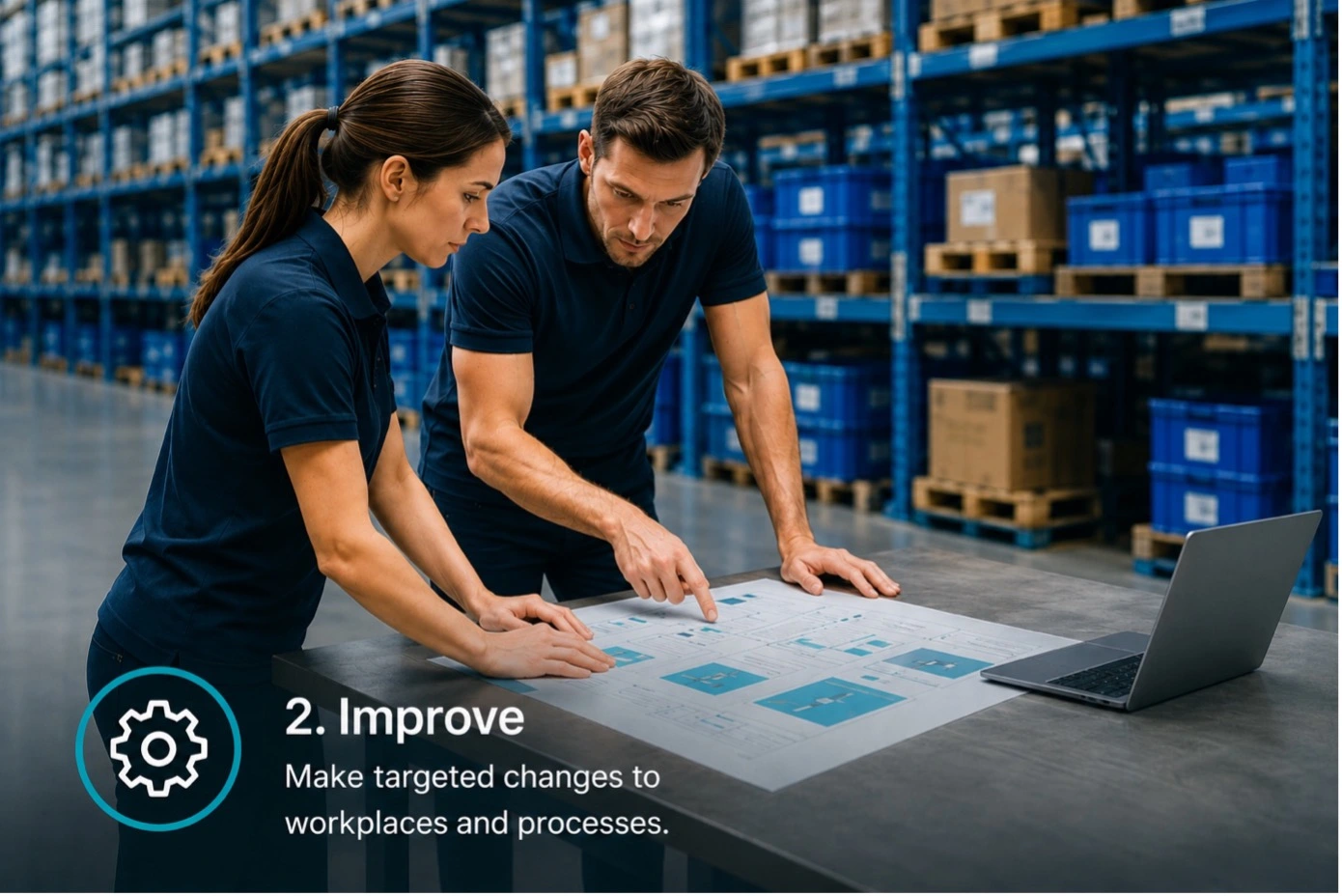 Operations team reviewing workplace improvements and workstation design in a warehouse.