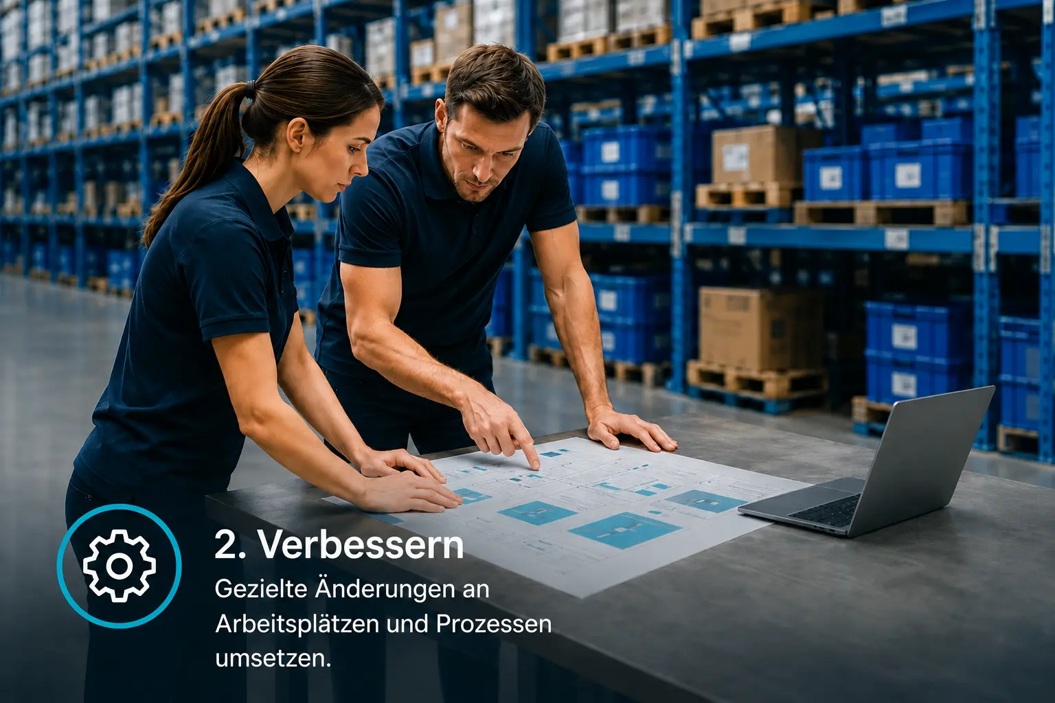 Team bei der Planung ergonomischer Arbeitsplatzverbesserungen und einer optimierten Arbeitsplatzgestaltung im Lager.