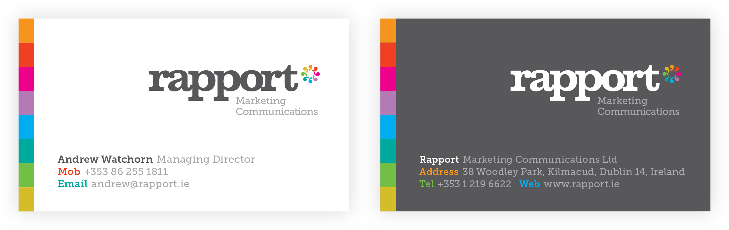 Rapport business cards with colourful edge device and contact styling