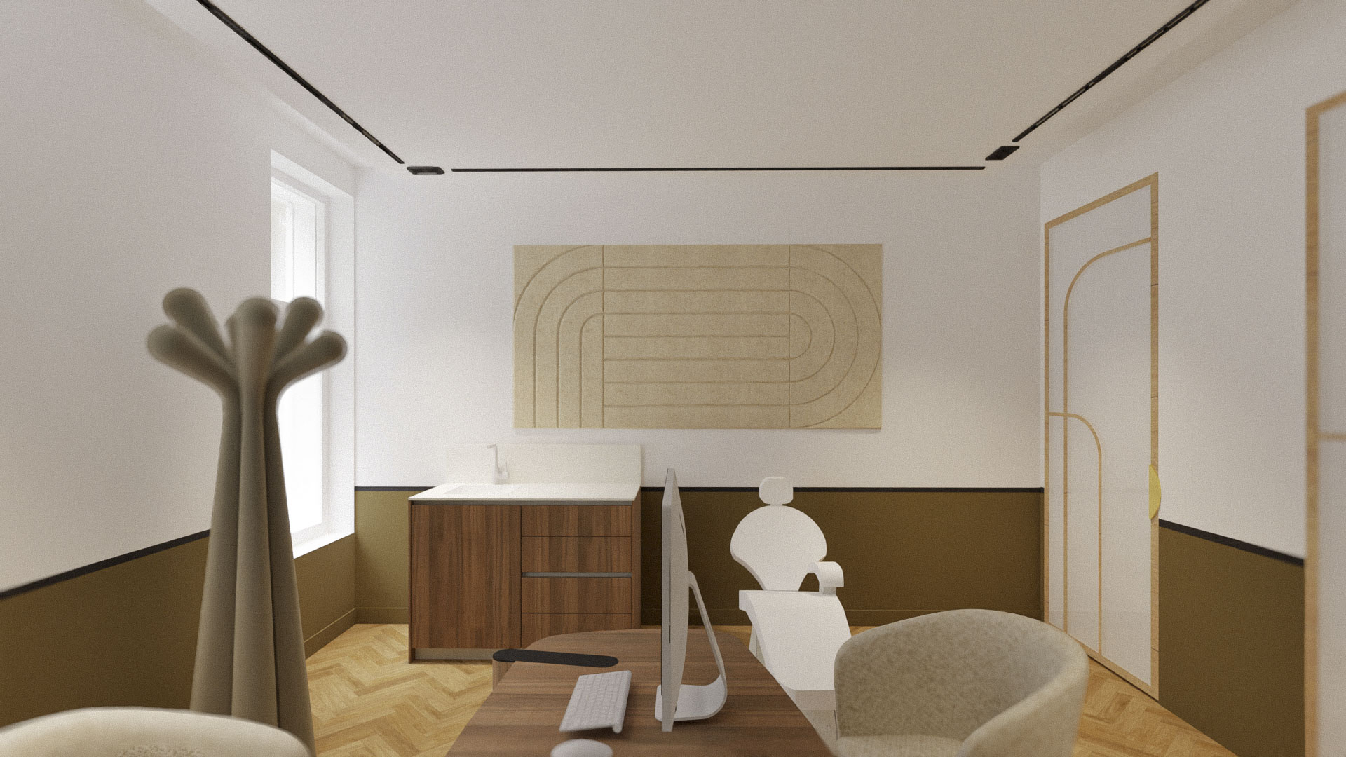 Bureau d'un appartement à Mons-en-Barœul : soubassement vert olive, meuble en noyer, ordinateur et menuiserie sur mesure.