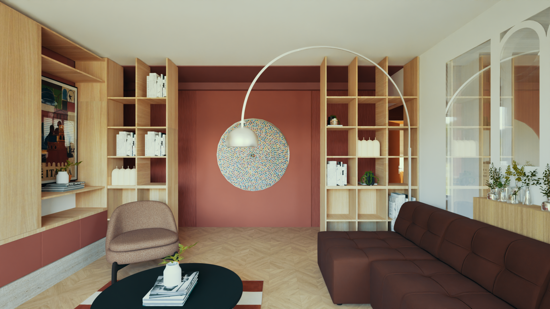 Grand salon d'un appartement à Lille : bibliothèque toute hauteur en bois clair, mur terracotta, canapé en cuir brun et lampadaire arc.