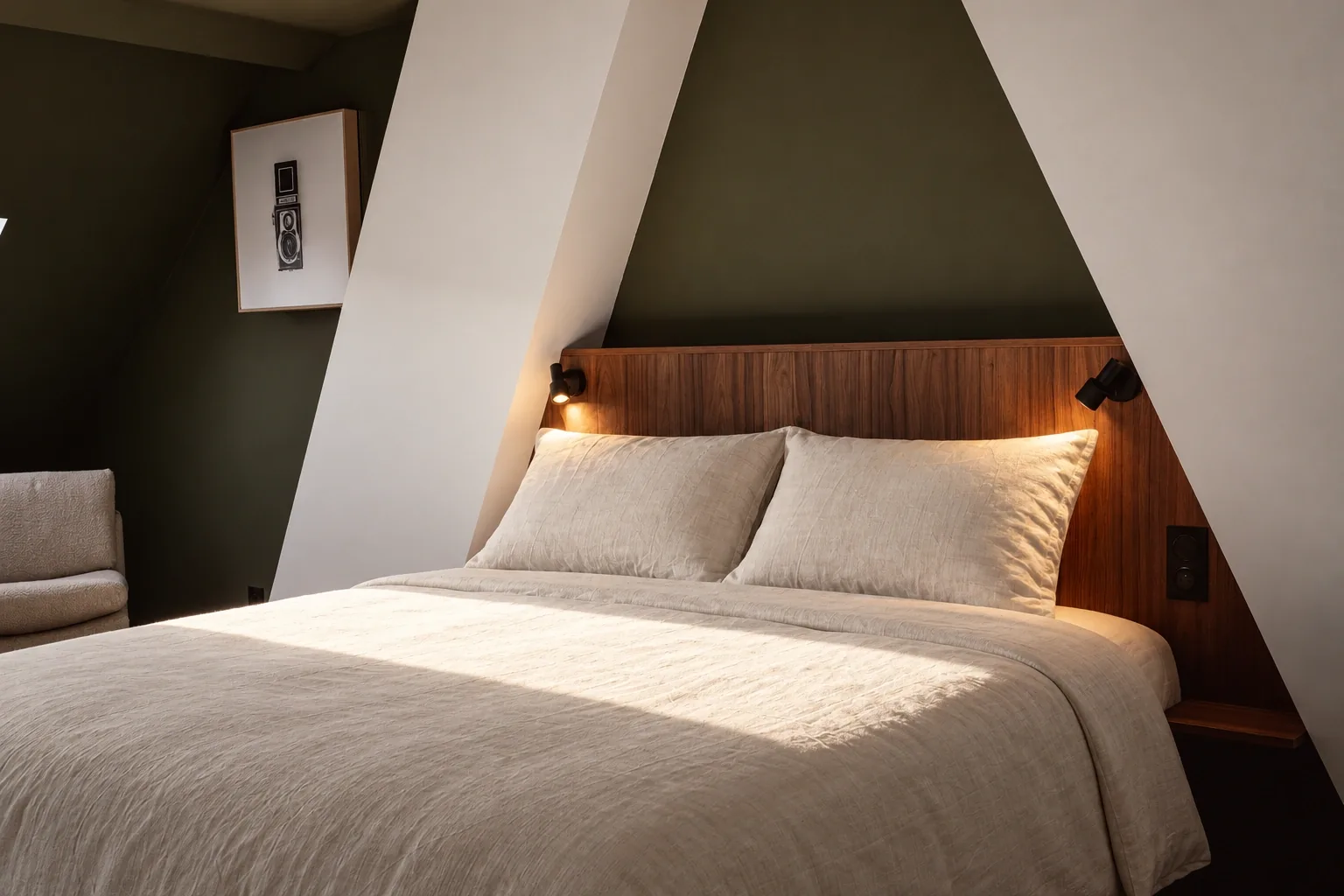 Lit double et tête de lit en bois dans une chambre vert olive, traversée par un volume blanc sous les combles.
