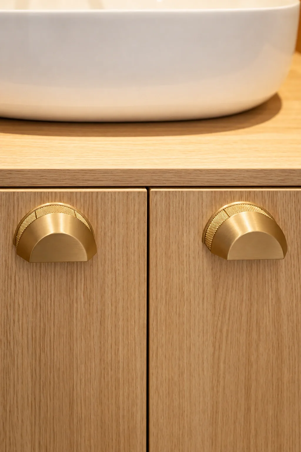 Détail des deux poignées en demi-lune dorées sur les portes du meuble vasque en bois clair.