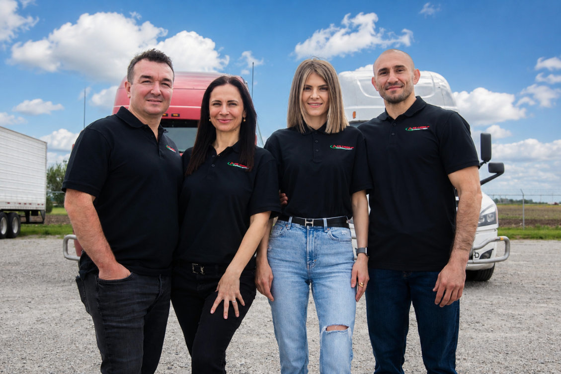 Four people standing in front of trucks outdoors, wearing matching black shirts with logos.