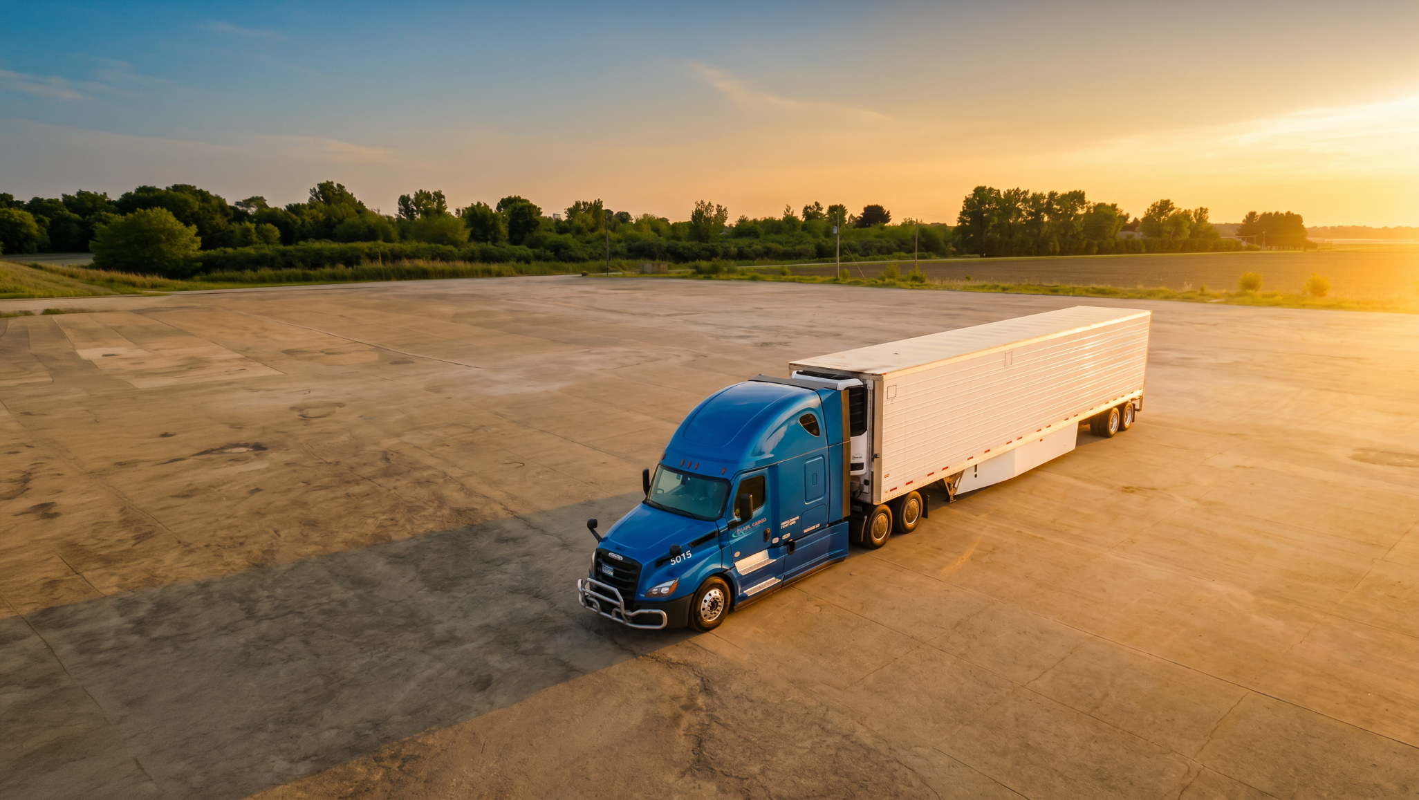 Blue semi-truck with white trailer parked on large concrete lot at sunset.