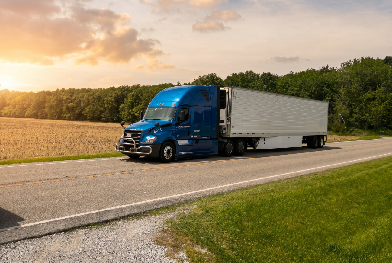 Blue semi-truck with white trailer driving on a rural road with fields and trees at sunset.