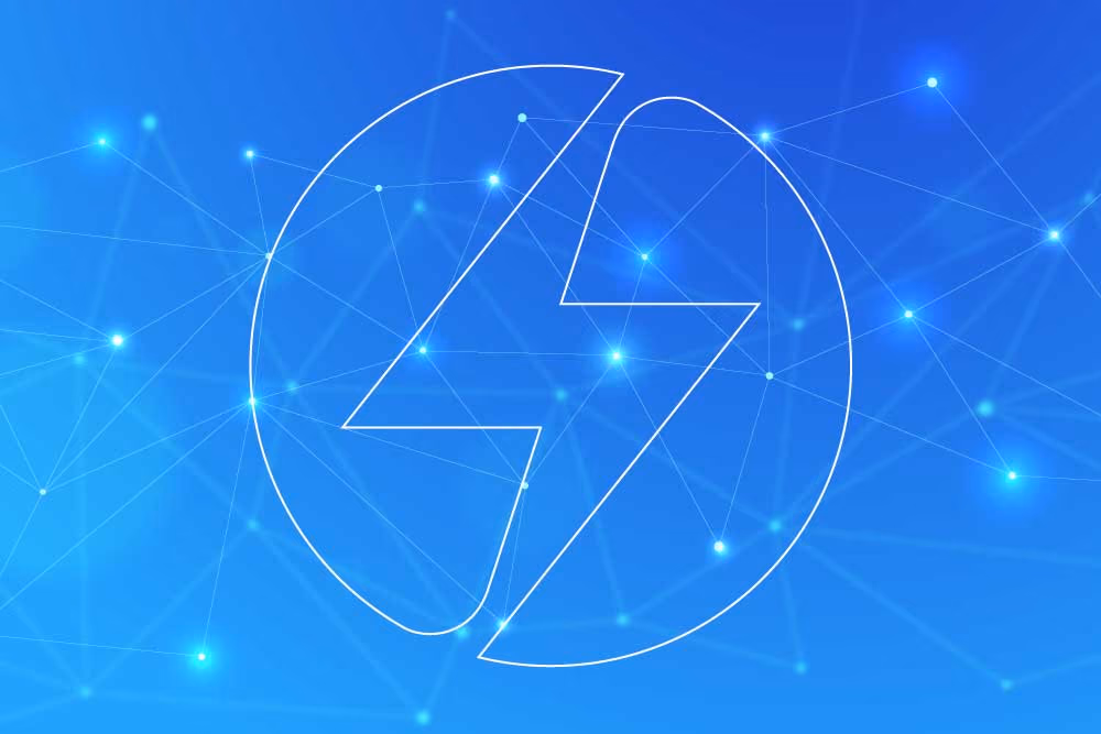 Graphic of a network on blue background overlayed with white outline version of the PwrTPO icon.