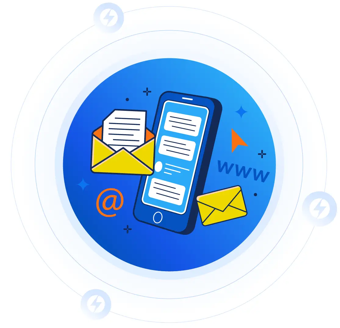 Graphic of communication icons in blue circle.