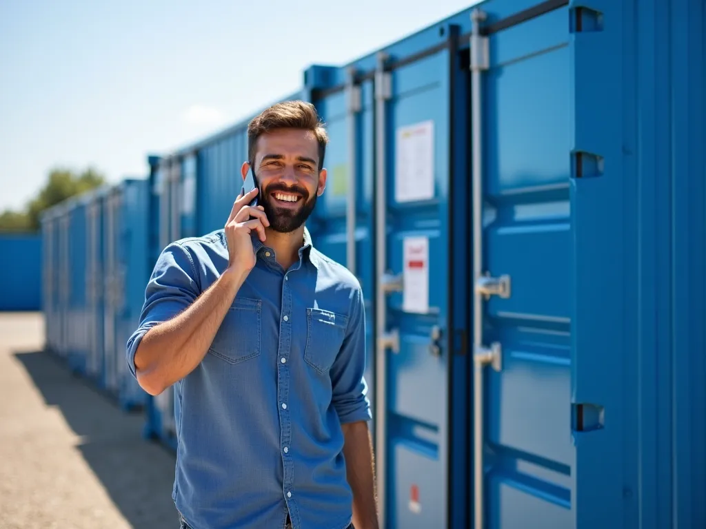 Ein Mann in blauem Hemd steht telefonierend vor einer Reihe blauer Lagercontainer.