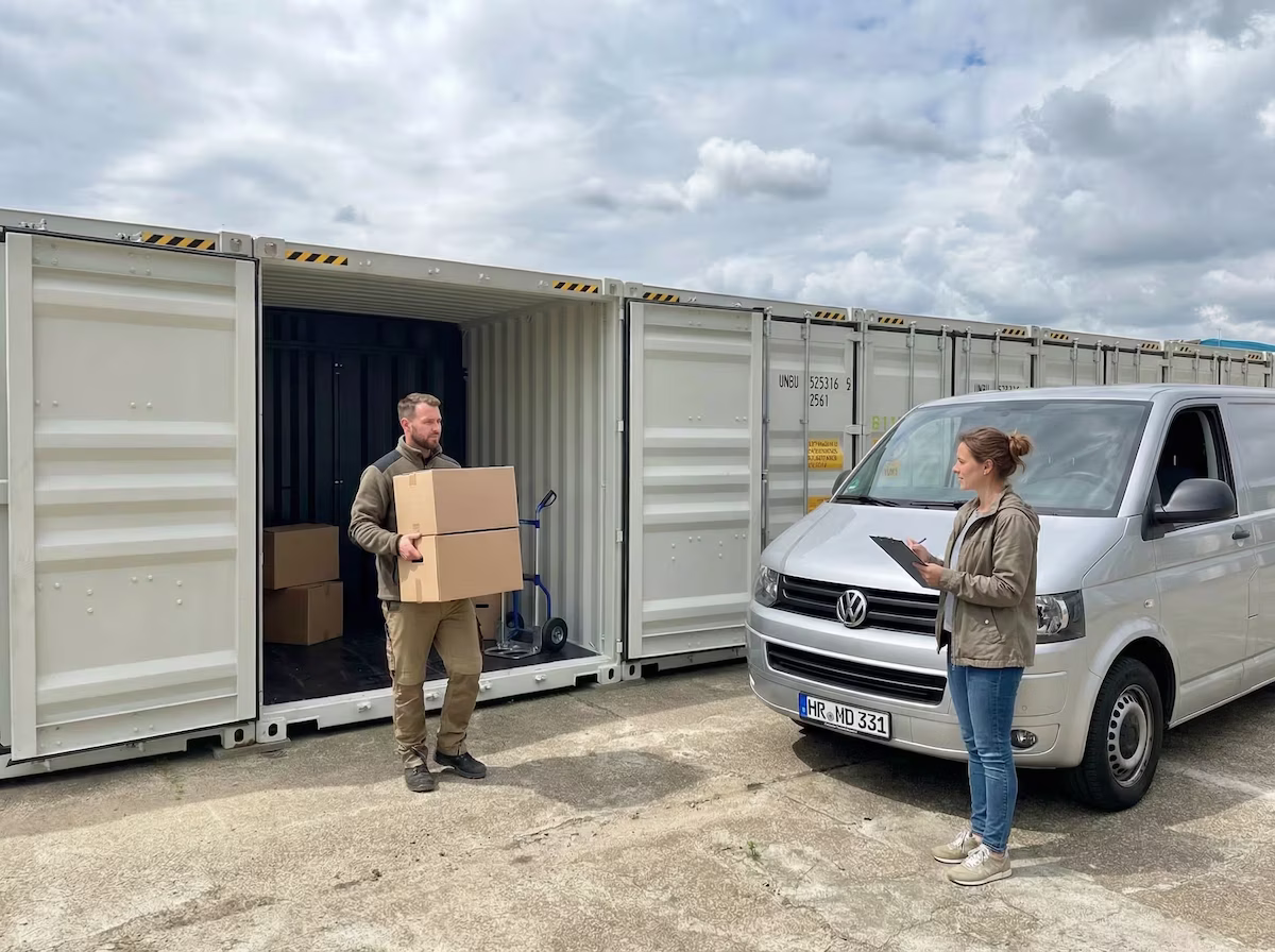 Mann trägt Kartons aus einem Lagercontainer, Frau mit Klemmbrett daneben, weißer Transporter im Hintergrund