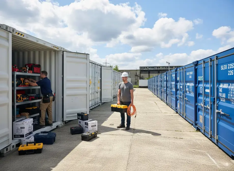 Mann entnimmt Werkzeug aus Lagercontainer – Selfstorage bei costore