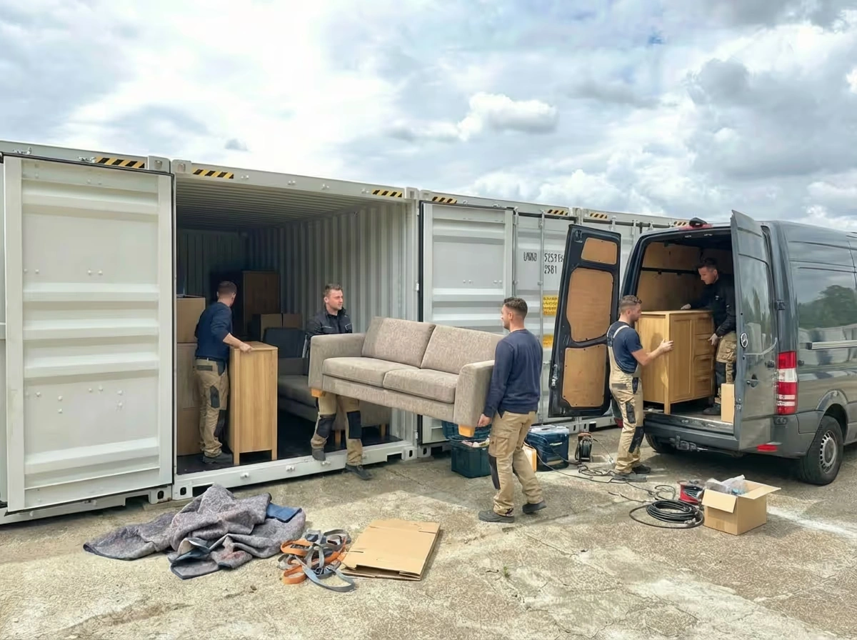 Männer tragen Couch von schwarzem Van in weißen Lagercontainer