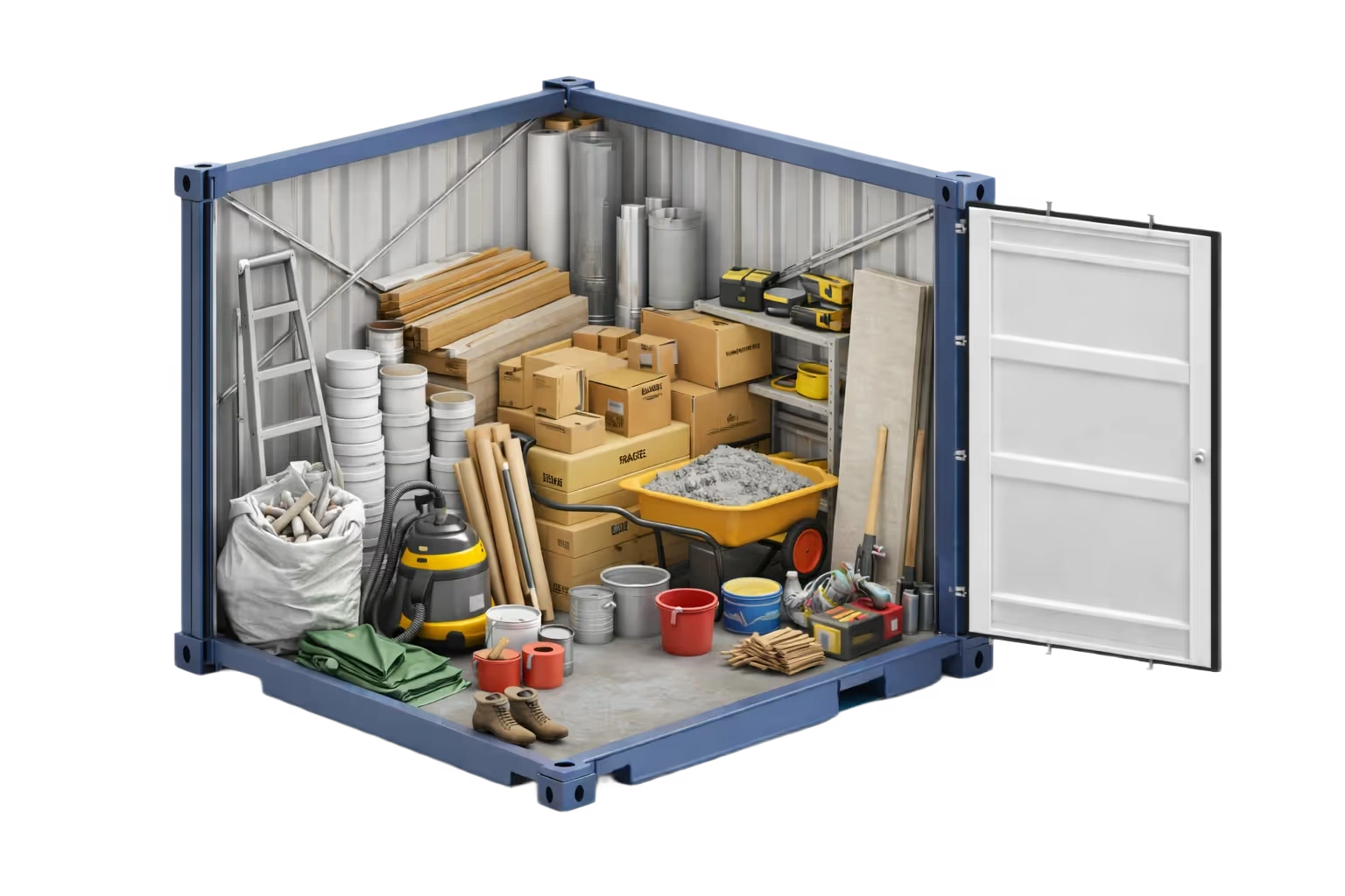 Ein 3D Modell eines 10 Fuß Lagercontainers befüllt mit Baumaterialien