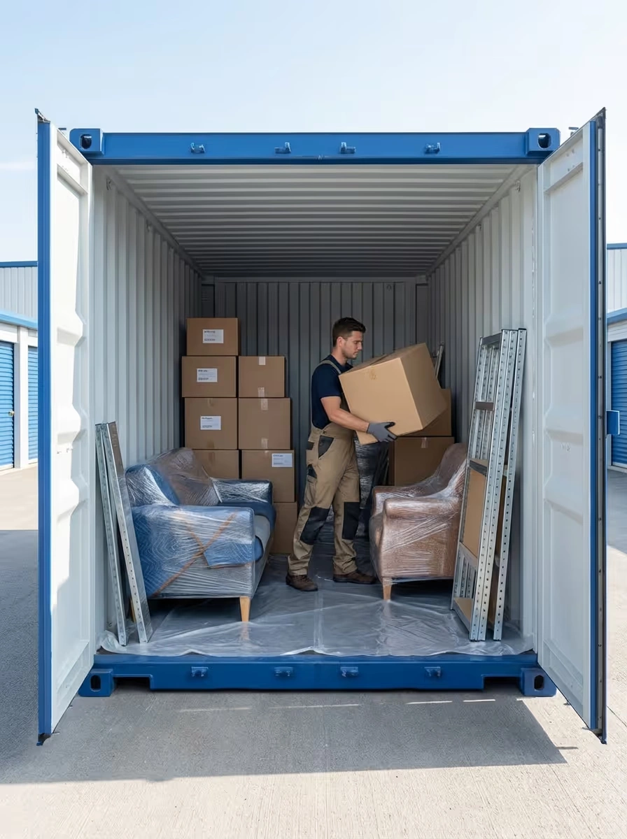 Ein Arbeiter stellt Kartonagen in einen mit Haushaltsartikeln beladenen Lagercontainer
