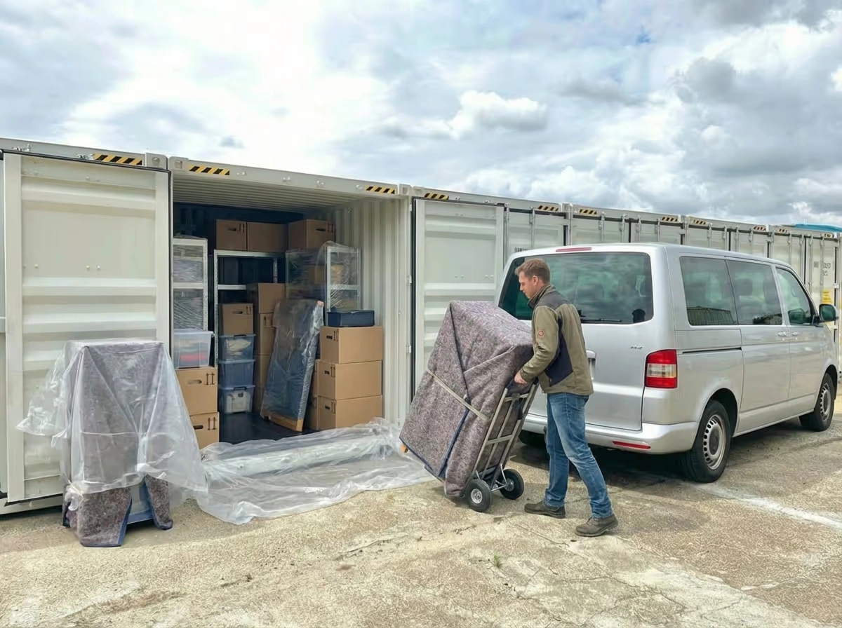 Ein Mann belädt einen filzverpackten Schrank auf einer Sackkarre in einen Lagercontainer