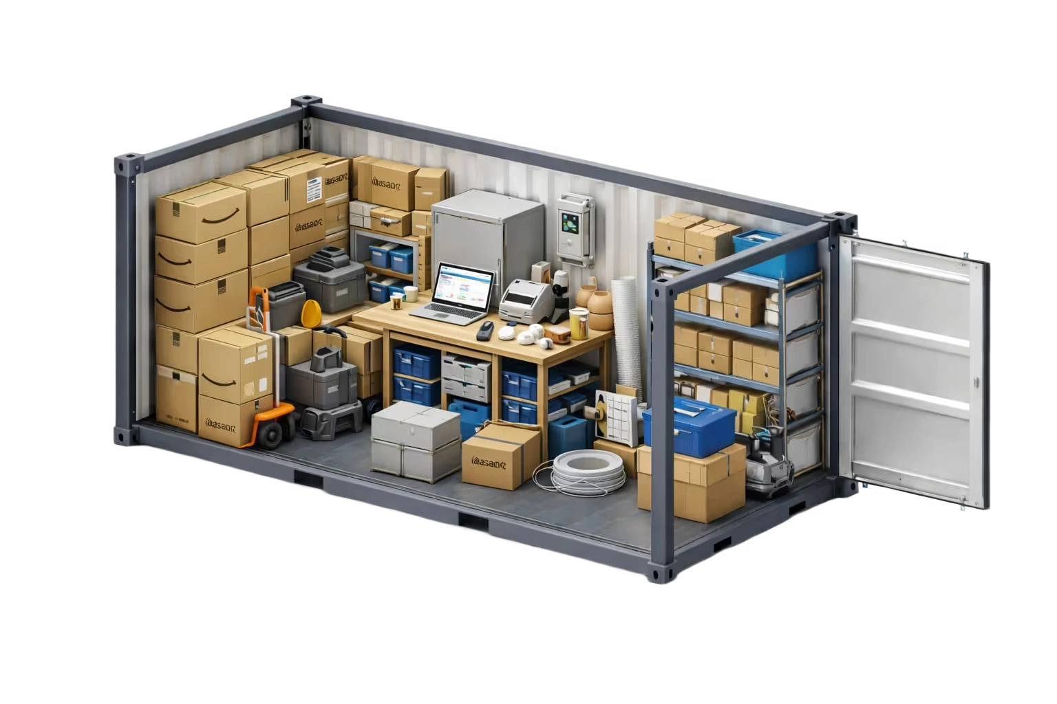 Ein 3D Modell eines 20 Fuss Lagercontainers mit einem ECommerce Versandhandel