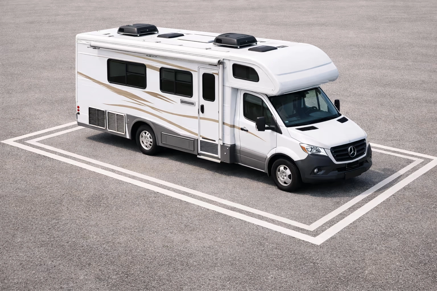 Ein amerikanischer Campervan auf einem eingezeichneten Parkplatz