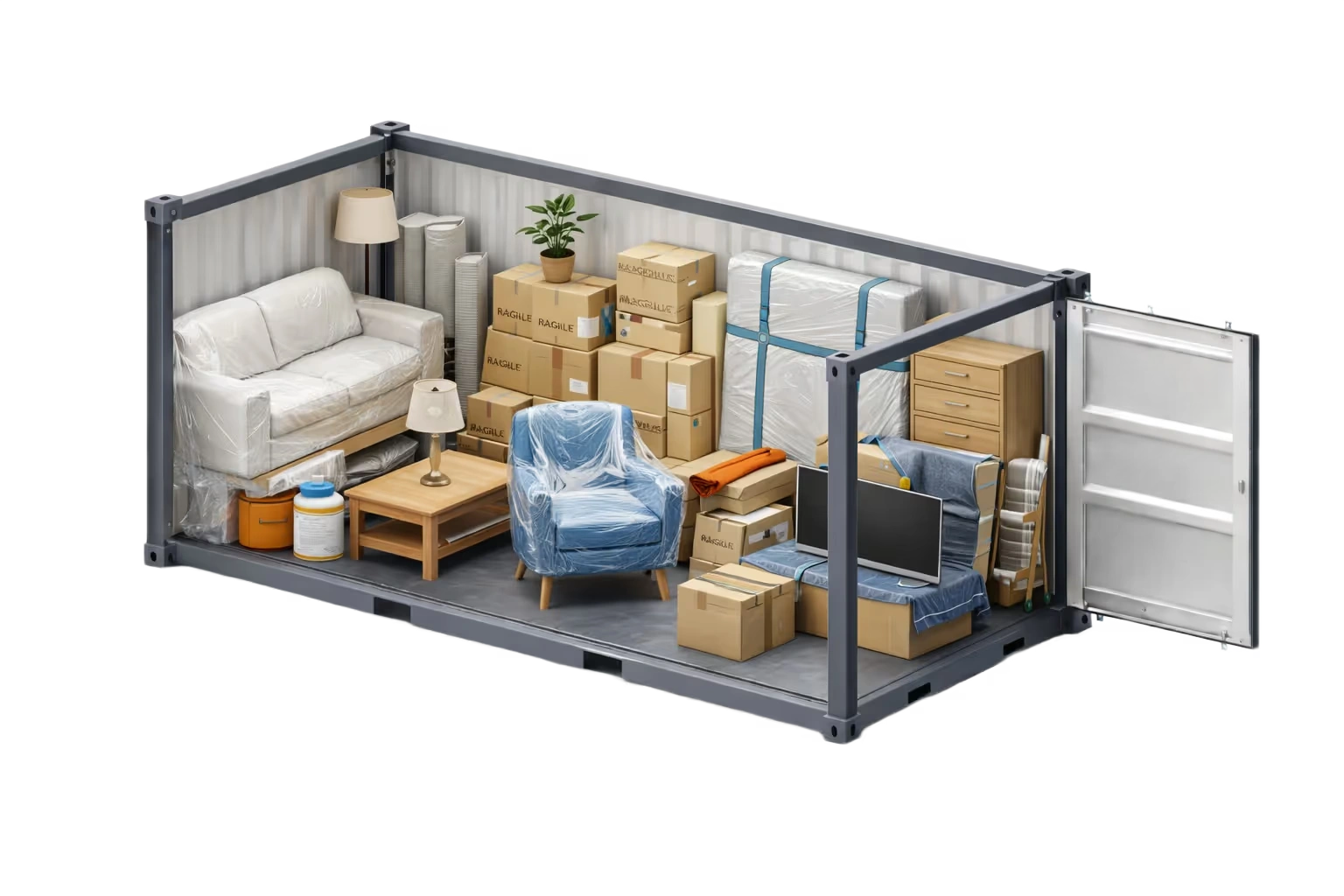 3D Modell eines befüllten Lagercontainers mit einer offenen Tür