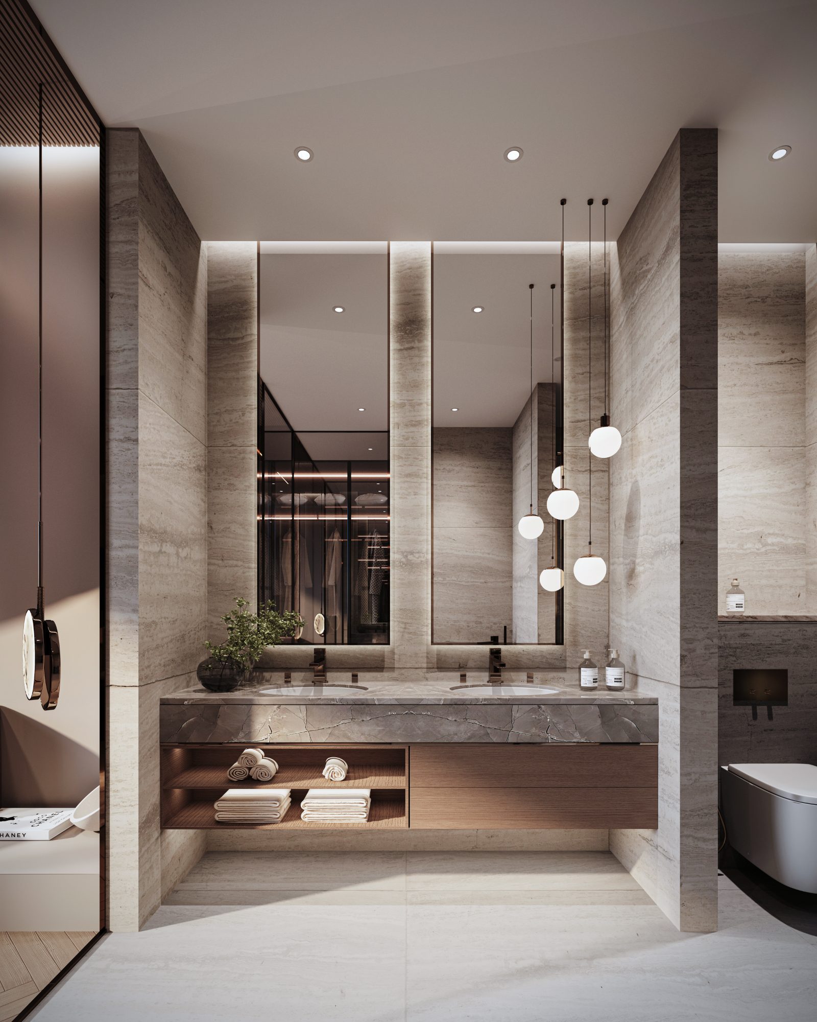 Bath - travertine and bronze.