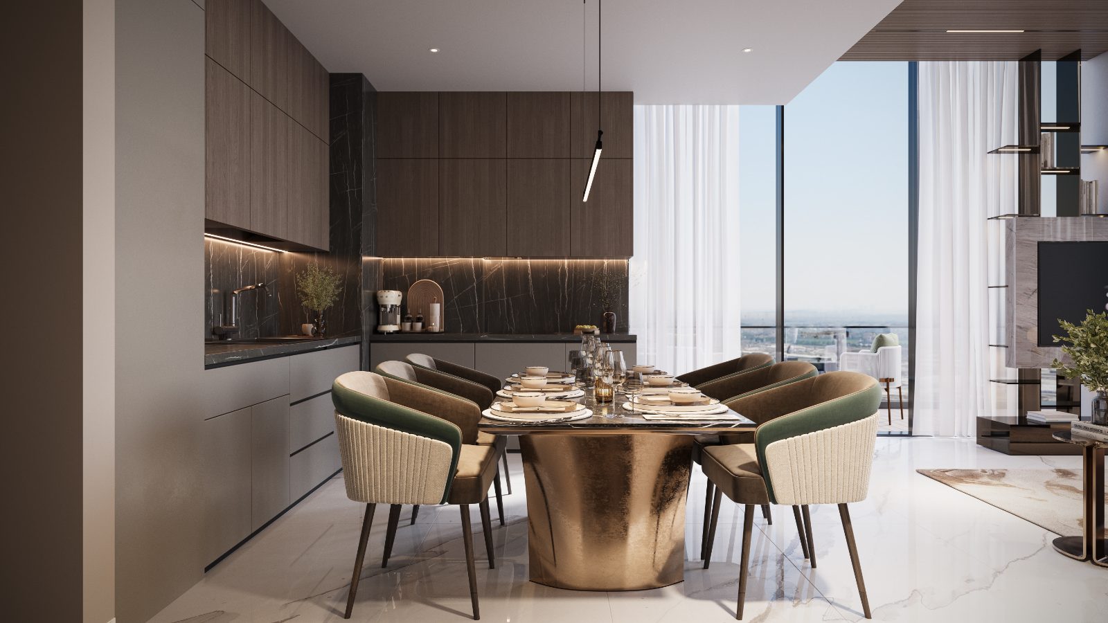 Dining and kitchen, full-height glazing.