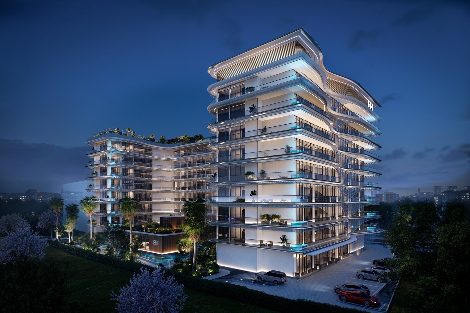 Bond Enclave residential tower at dusk in Arjan, Dubai