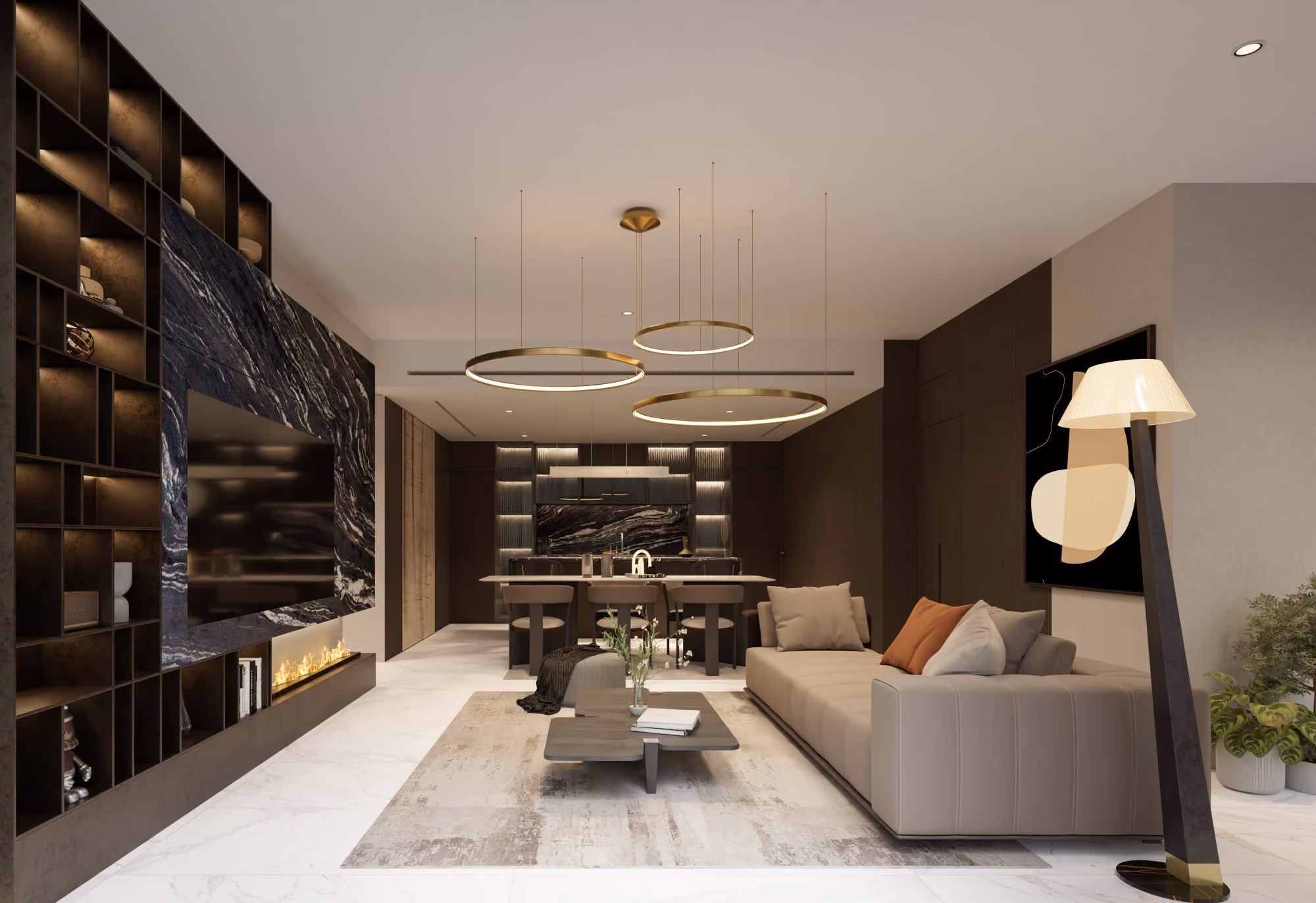 Three bedroom suite, living and kitchen