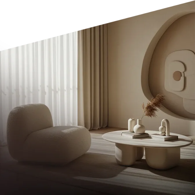 Modern living room with organic forms and fluid architecture by Pearlshire